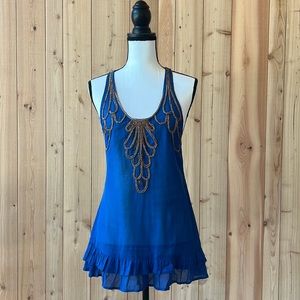 FREE PEOPLE Blue dress with gold/bronze embroidered detail XS